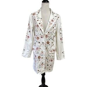 Blaine Trump Womens Floral Embroidered Longline Blazer Jacket White Medium